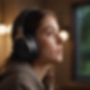 A person listening to audio content with headphones in a serene setting.