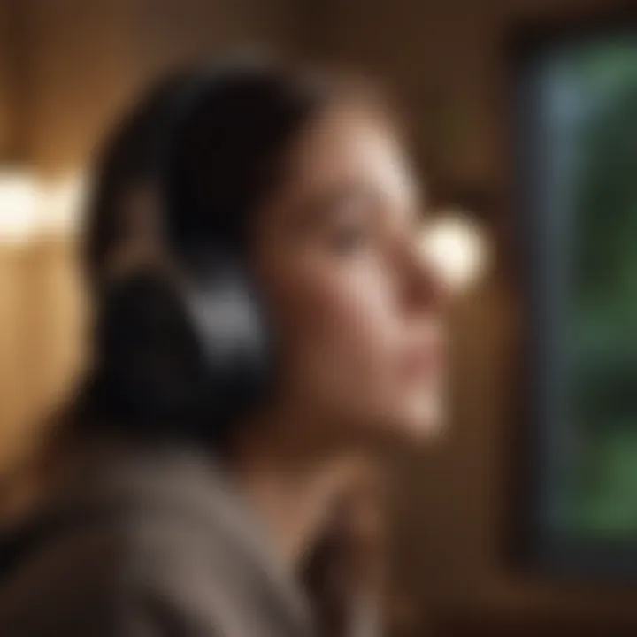 A person listening to audio content with headphones in a serene setting.