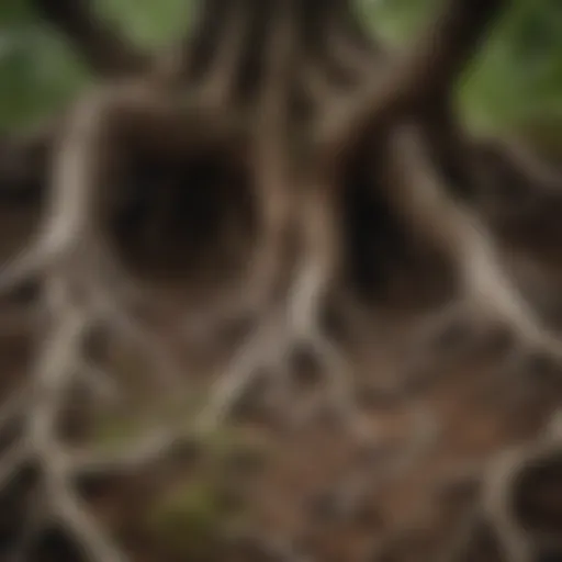 Intricate root systems of a tree showcasing its connection to the soil