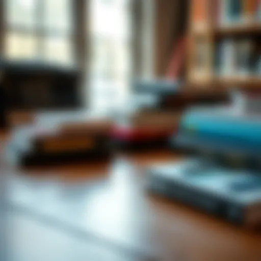 A collection of investment books on a wooden table