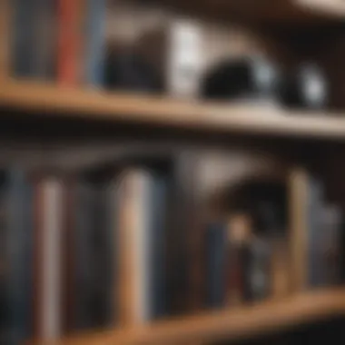 Audiobook collection on a modern wooden shelf