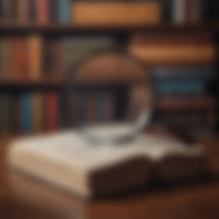 Illustration of a magnifying glass focusing on intricate details of a book cover related to investments