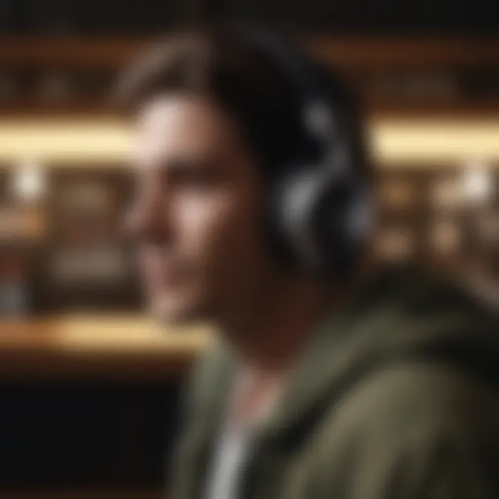 Person wearing headphones immersed in audiobook