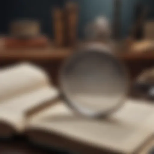 Illustration of a magnifying glass focusing on book titles