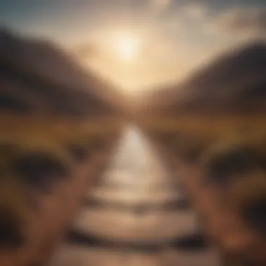 Surreal landscape with a path leading towards a shining horizon