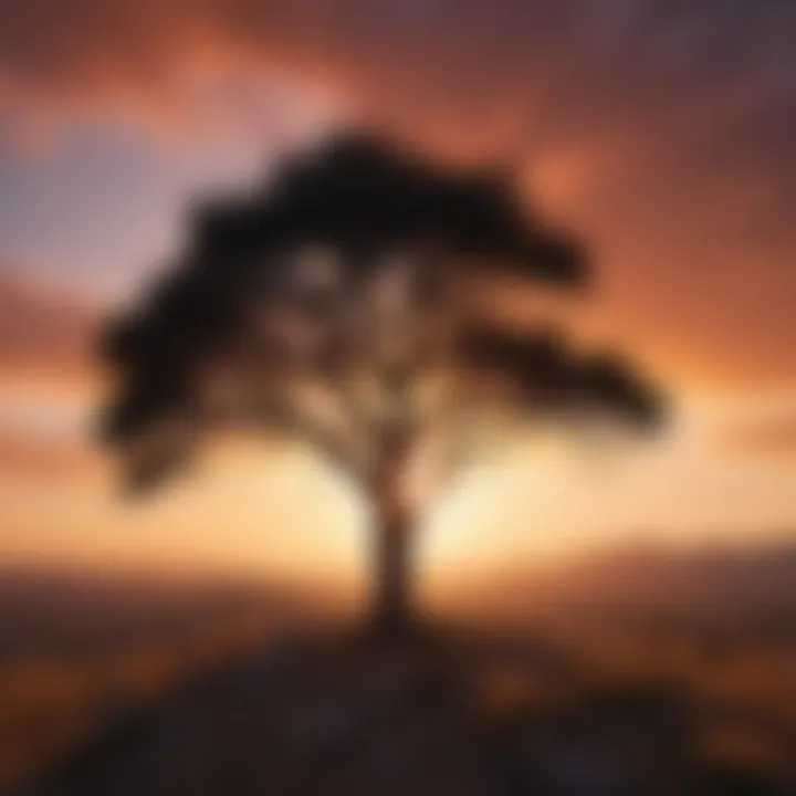 Silhouette of a lone tree against a vibrant sunset sky