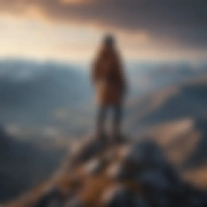 Inspirational figure standing on mountain peak overlooking vast landscape