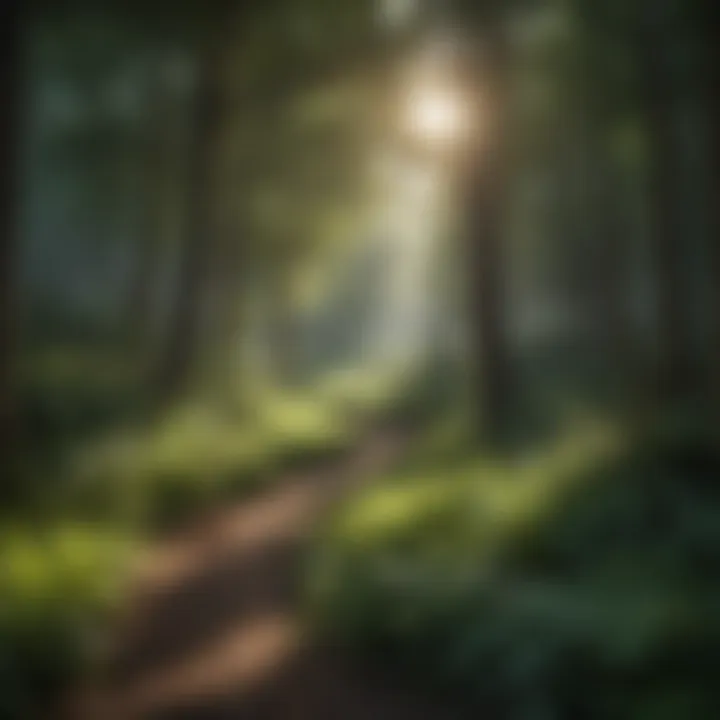 Sunlight streaming through dense forest foliage with a path ahead