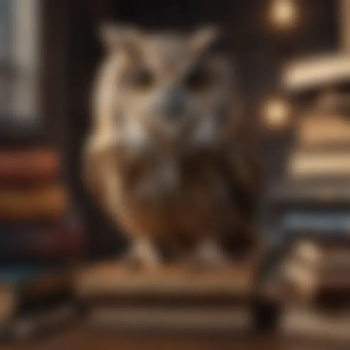 Illustration of a wise owl with a stack of books on investing