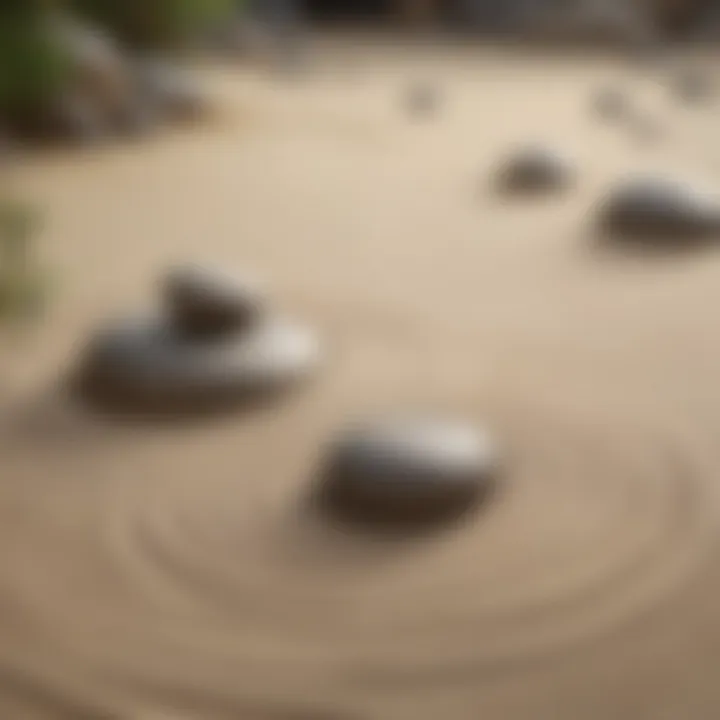 Zen garden with tranquil rocks and ripples in sand